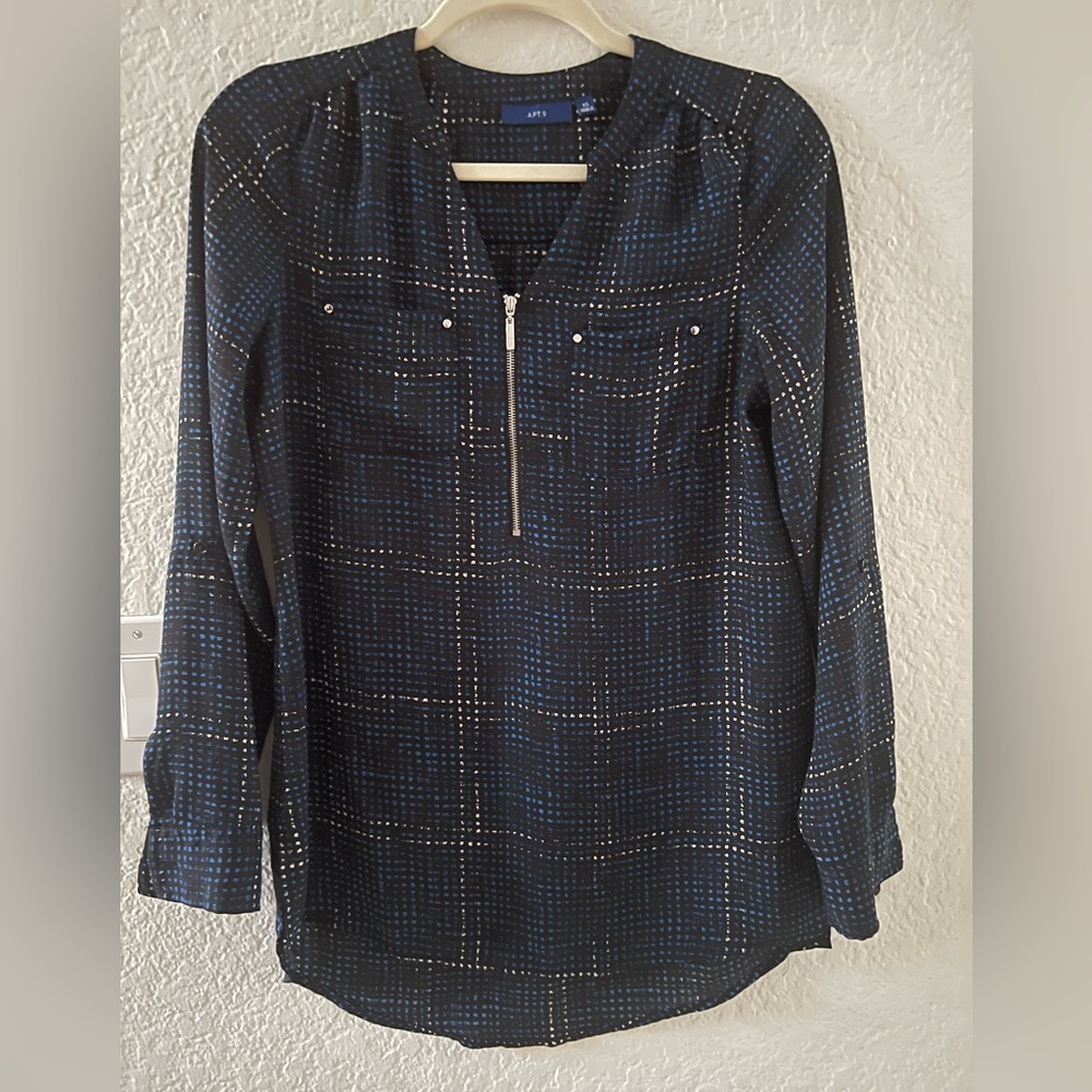 Women’s Blouse, Apt 9, Navy Blue, Long Sleeves, Round Neck, Size XS